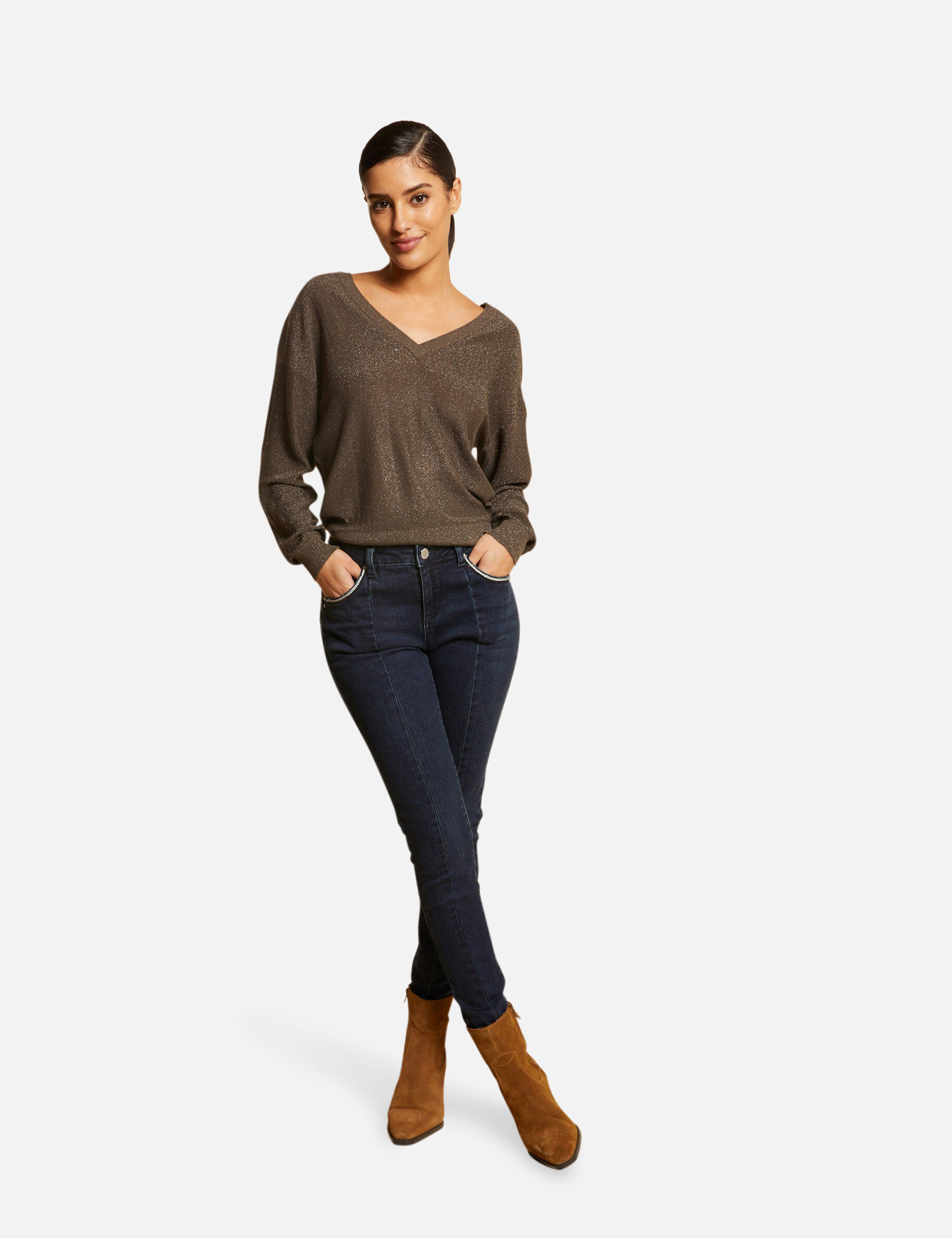 Pull manches longues à col rond vert kaki femme - vert_kaki