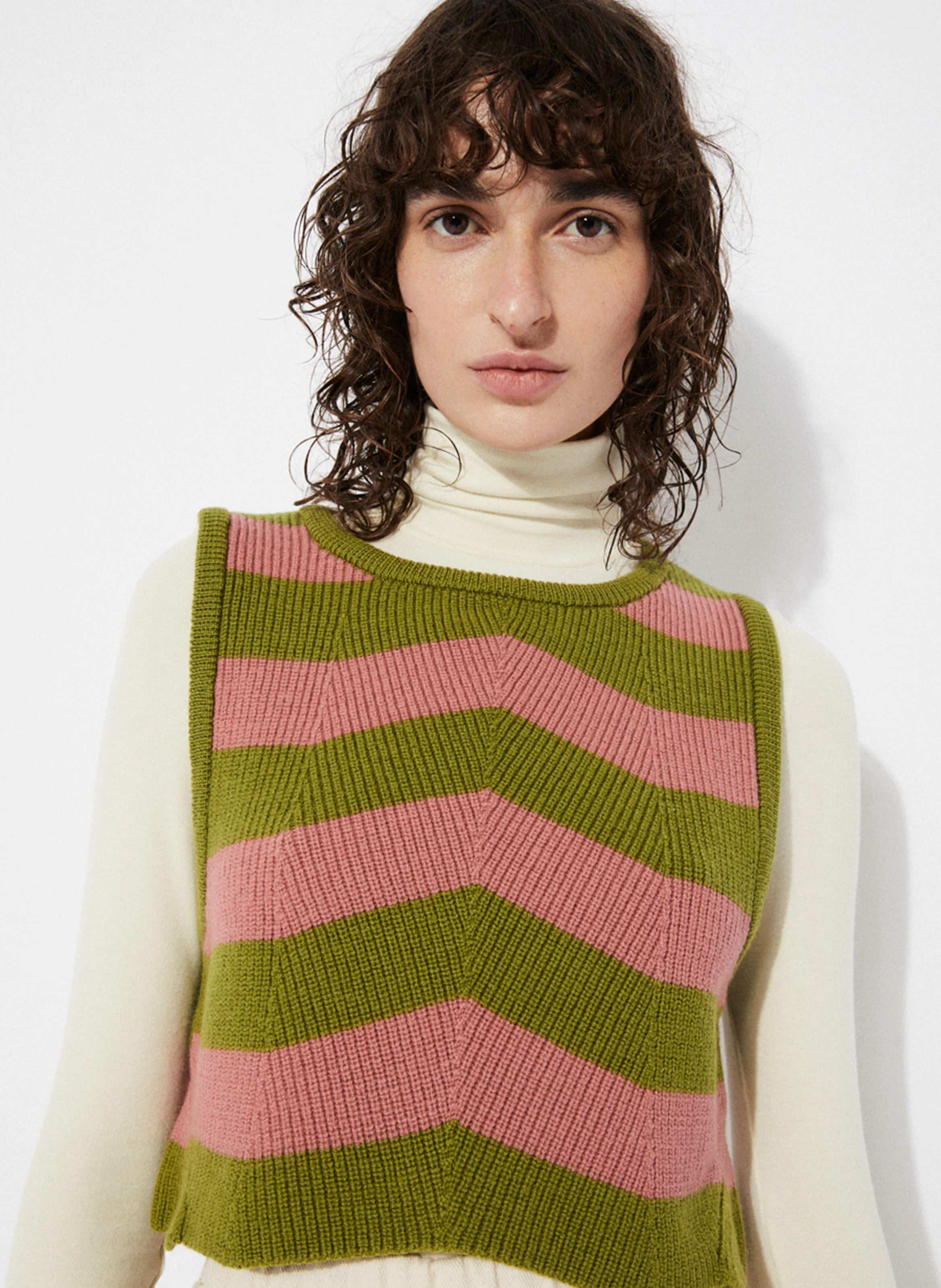 ANNIE - Pull sans manches rayé en laine| Vert