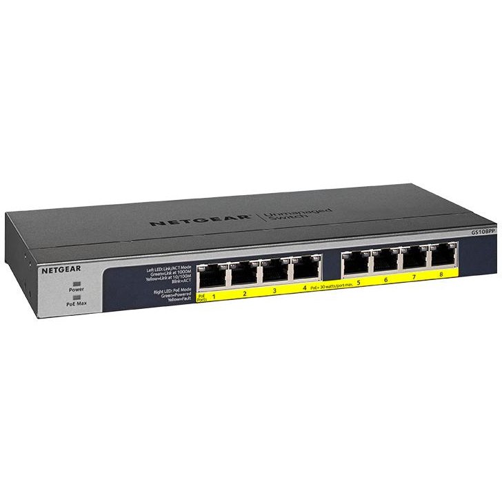 NETGEAR GS108PP Non-géré Gigabit Ethernet (10/100/1000) Connexion Ethernet, supportant l'alimentation via ce port (PoE) Noir