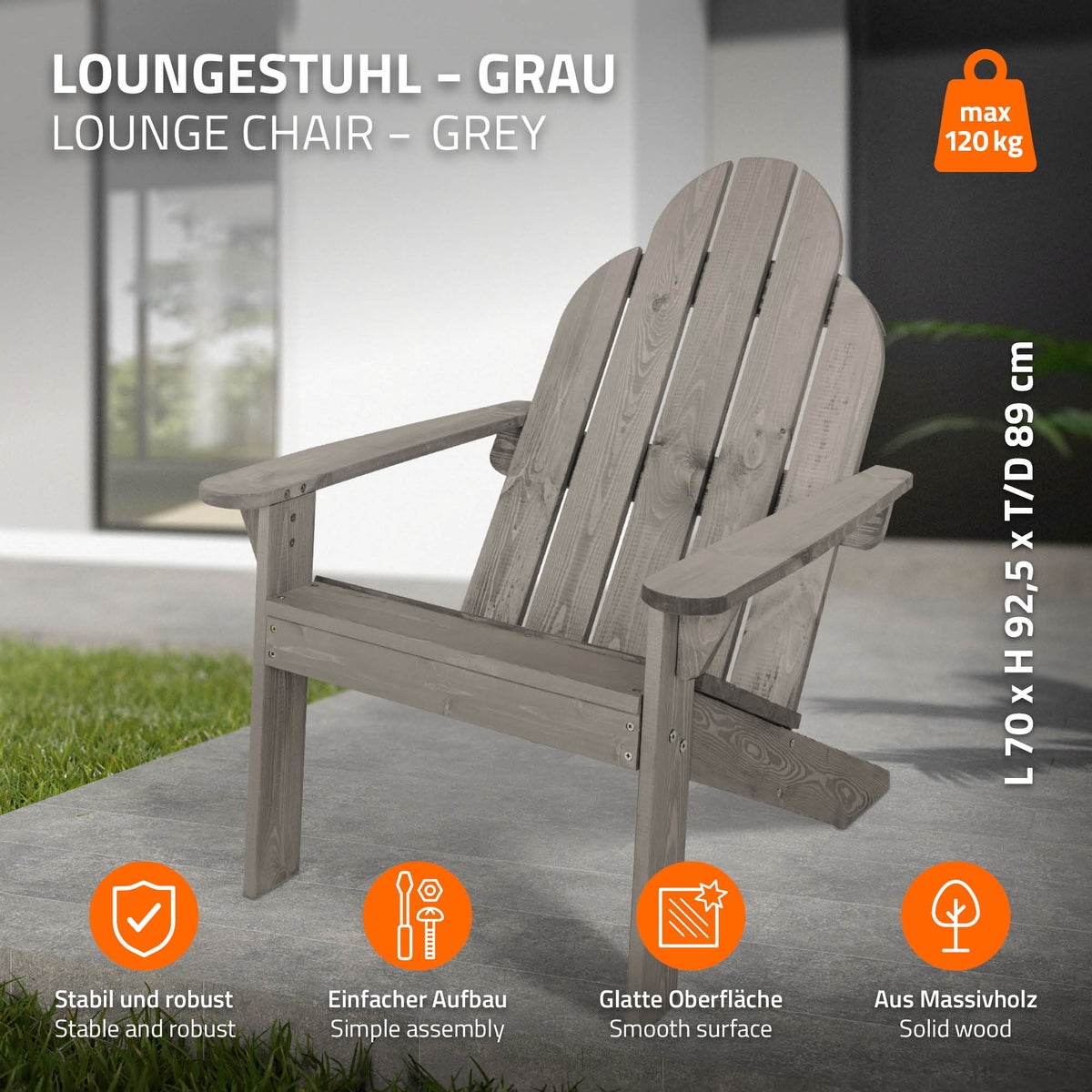 ML-Design Adirondack stoel van massief dennenhout, 92,5x70x89 cm, grijs, tuinstoel met rugleuning en armleuningen, ergonomische houten stoel, weerbestendige tuinfauteuil, relaxstoel voor balkon, tuin, strand