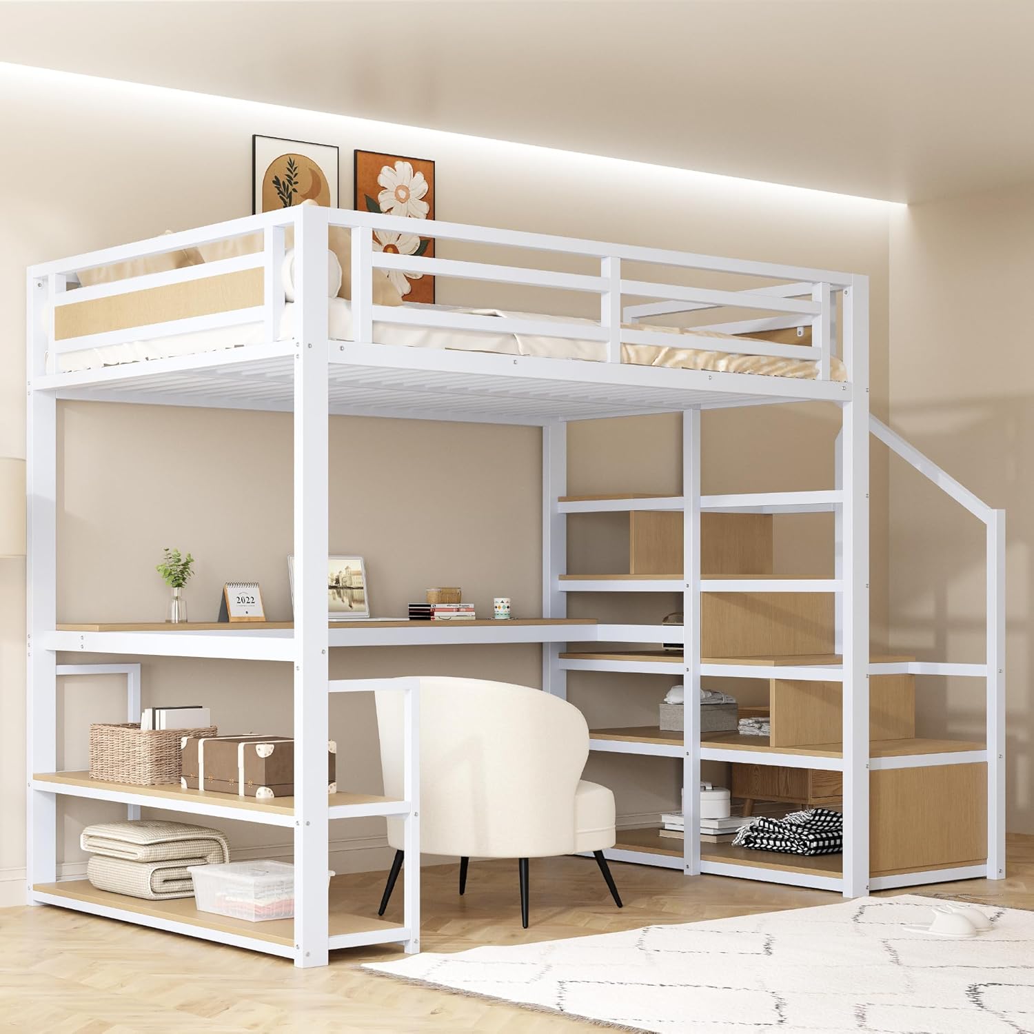 Hochbett 140x200 cm, Eisenbett, Jugendbett, mit Aufbewahrungsleiter Regalen und Tisch, Sicherheitszaun-Design mit gespleißten Metallplanken, Mit Lattenrost, Weiß(Ohne Matratze)