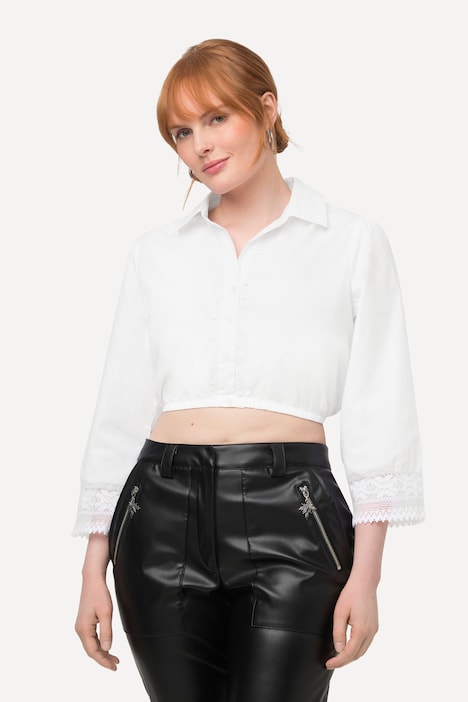 Dirndlbluse, Hemdkragen, Elastiksaum, Spitze, 3/4-Arm