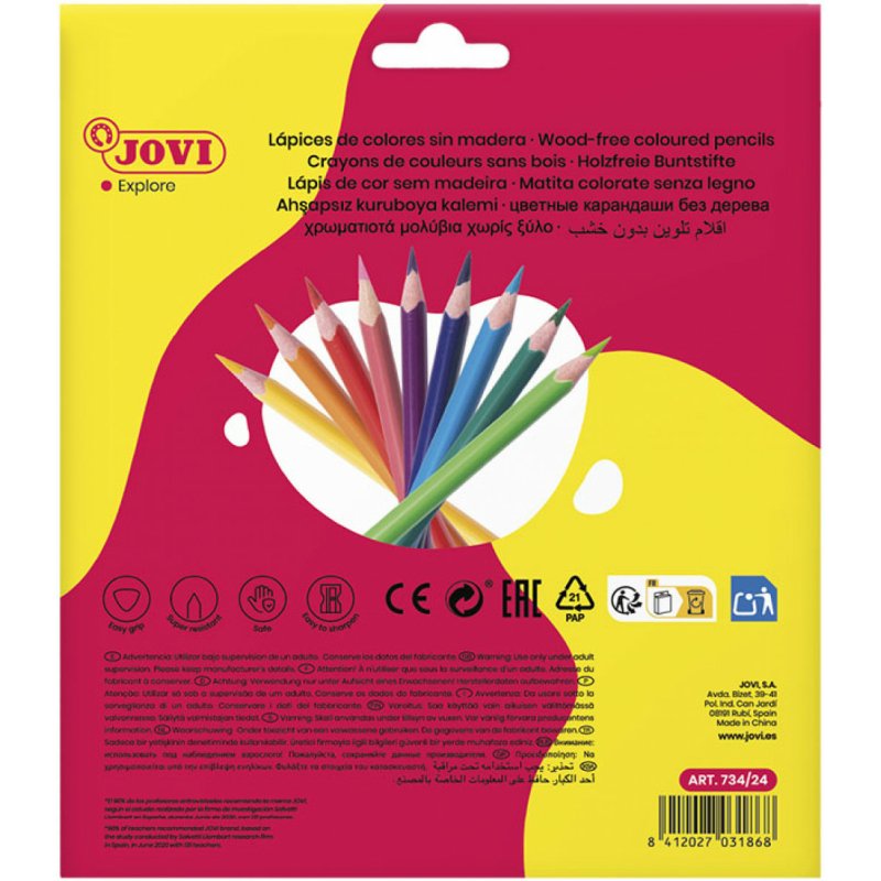 Crayon couleur jovi woodless triangulaire mine resistante  haut pouvoir couvrant inodore couleurs vives etui 24 unites