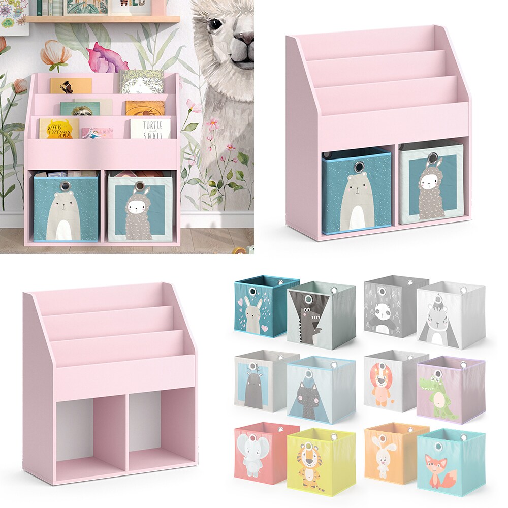 Vicco Kinderbücherregal Luigi 72 x 79 cm, Rosa, Kinderzimmerregal, mit Faltboxen