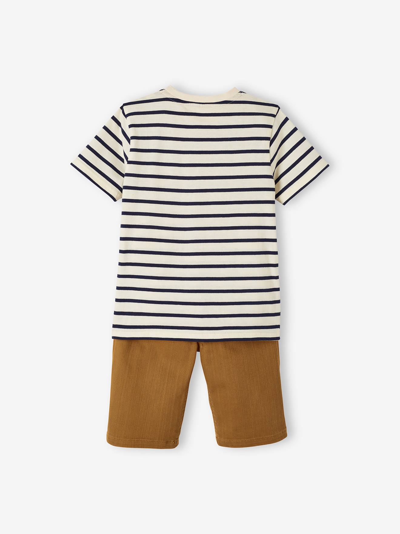Conjunto de camiseta listrada e shorts de tecido para meninos, marrom médio liso