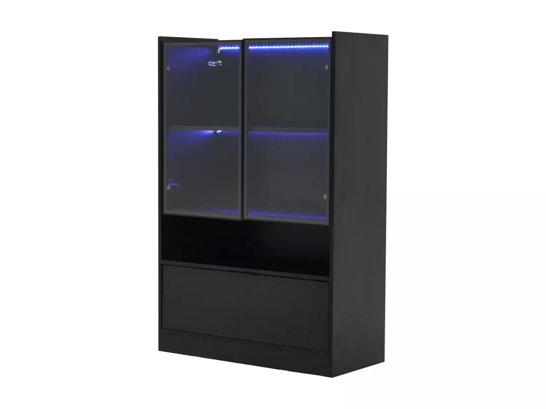 Vitrine LED moderne 80x120x35cm- avec éclairage LED 16 couleurs - avec 2 portes vitrées - avec compartiments de rangement - Noir