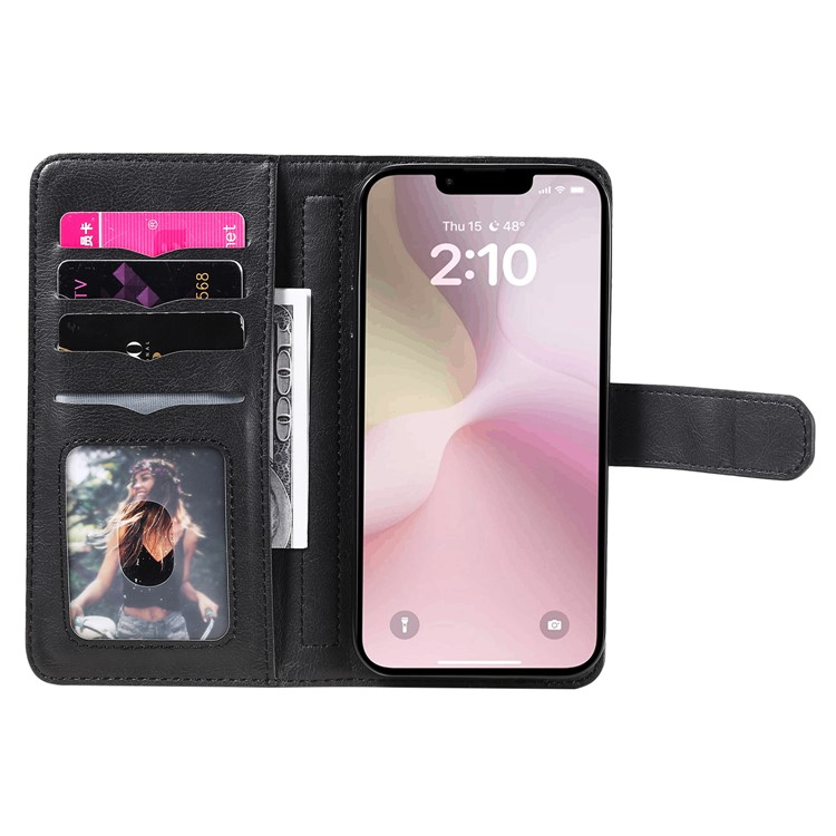 iPhone 16e Leder Tasche Flip Cover Kartenfächer mit Druckknopfverschluss - Schwarz