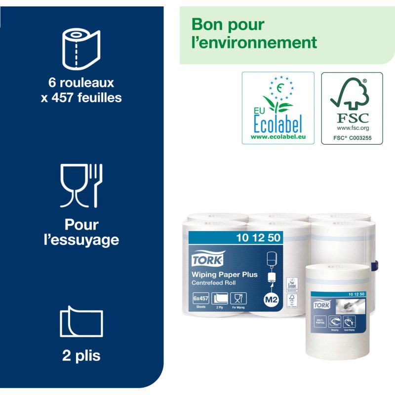 Bobine d'essuyage à dévidage central Tork M2 Wiper Maxi blanche - Carton de 6
