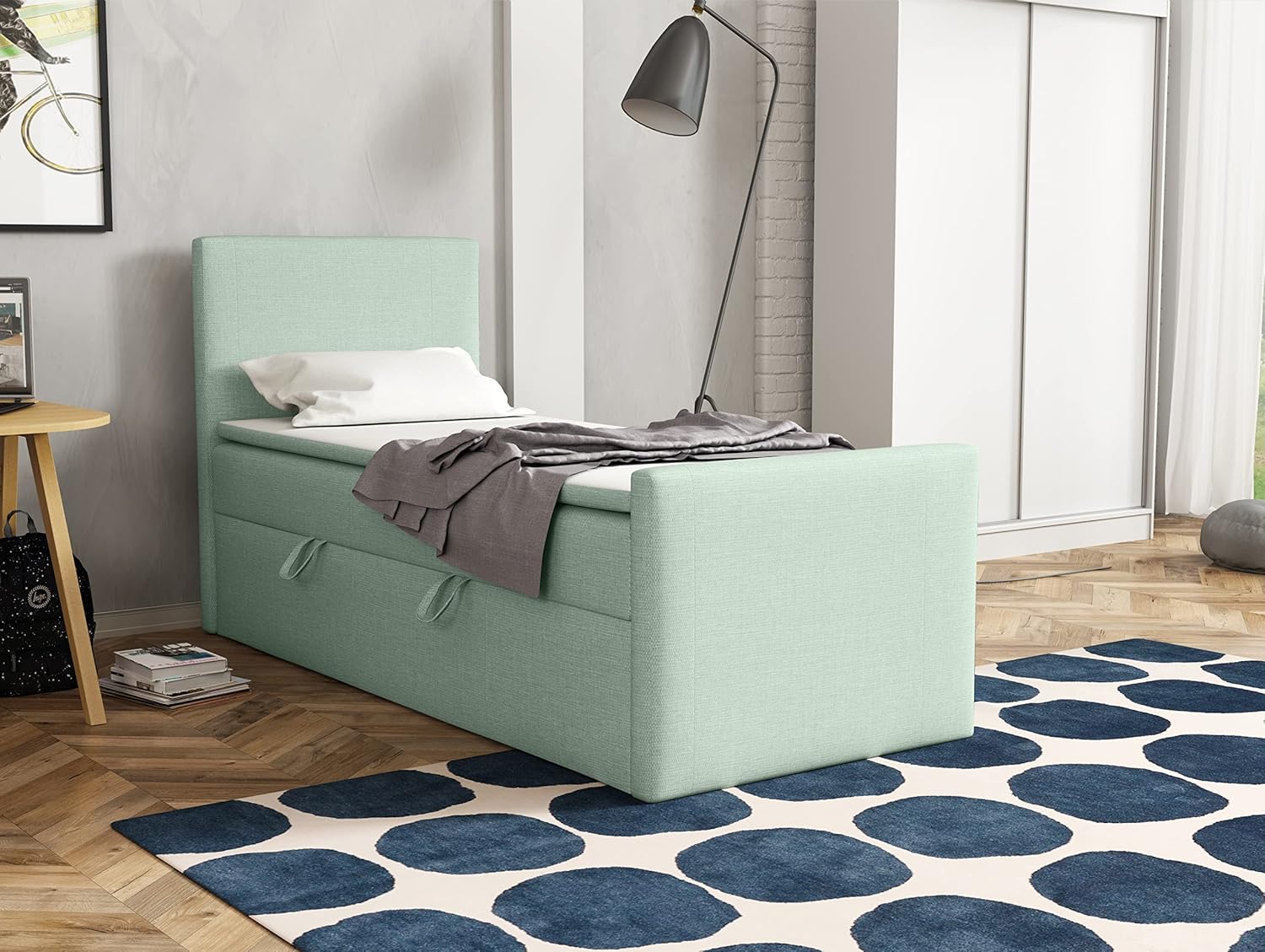 FEDVE Boxspringbett 100x200 Pastellgrün – Lautaro - Praktisches Bett mit Bettkasten – Gemütlich Einzelbett zum Schlafzimmer – Stabiles Kopfteil Bett mit Stauraum