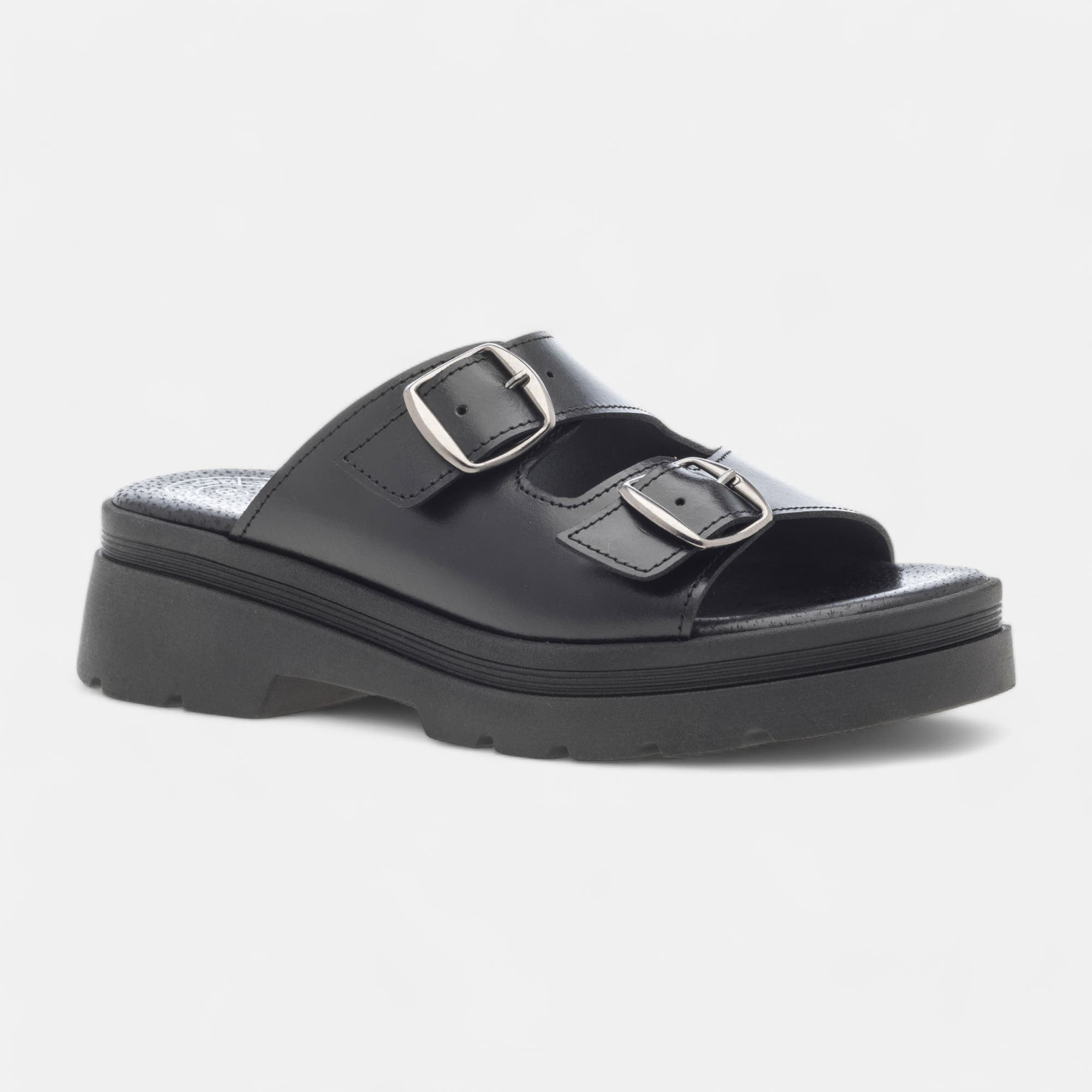 Mules à talon compensé Femme en cuir noir