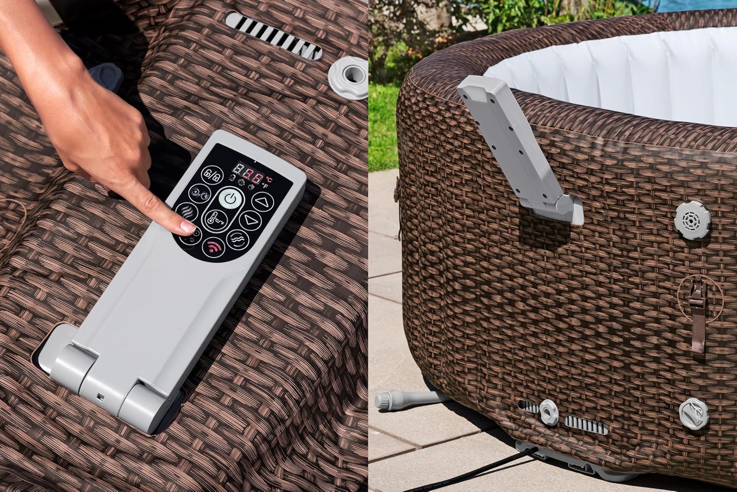 Bestway® Lay-Z-SPA® Energiespar-Whirlpool Bali AirJet™ mit App-Steuerung + integrierter UltraFit™ -Pumpeneinheit, für 7 Personen Ø 216 x 71 cm, Rattan-Optik (Schokobraun)