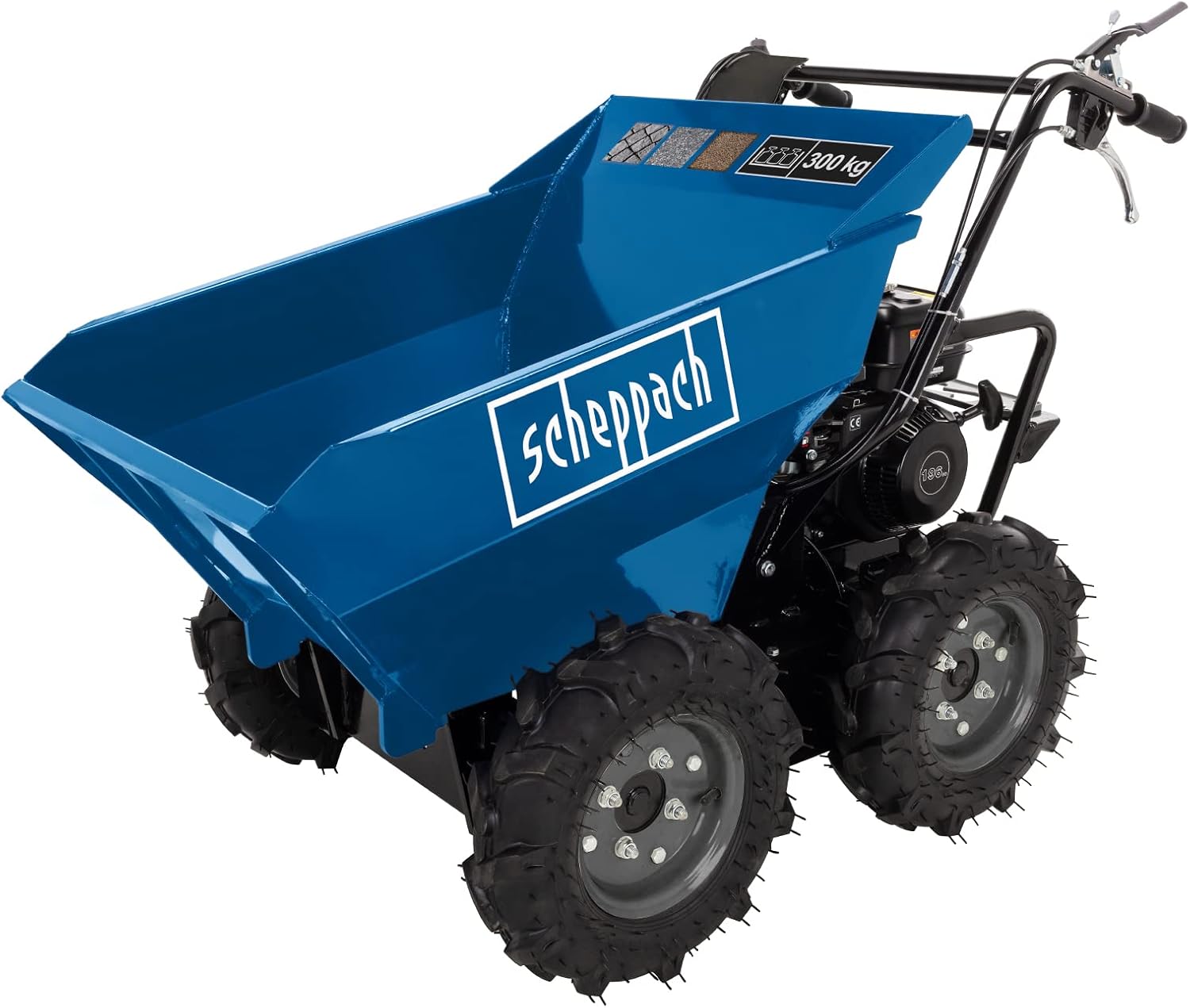 Scheppach Benzin Dumper DP3000 Motorschubkarre | 300kg Traglast | 5,6 PS | 3-Vorwärts-/1-Rückwärtsgang | Allradantrieb | Muldenkipper Mini Motor-Schubkarre Mini-Raupe