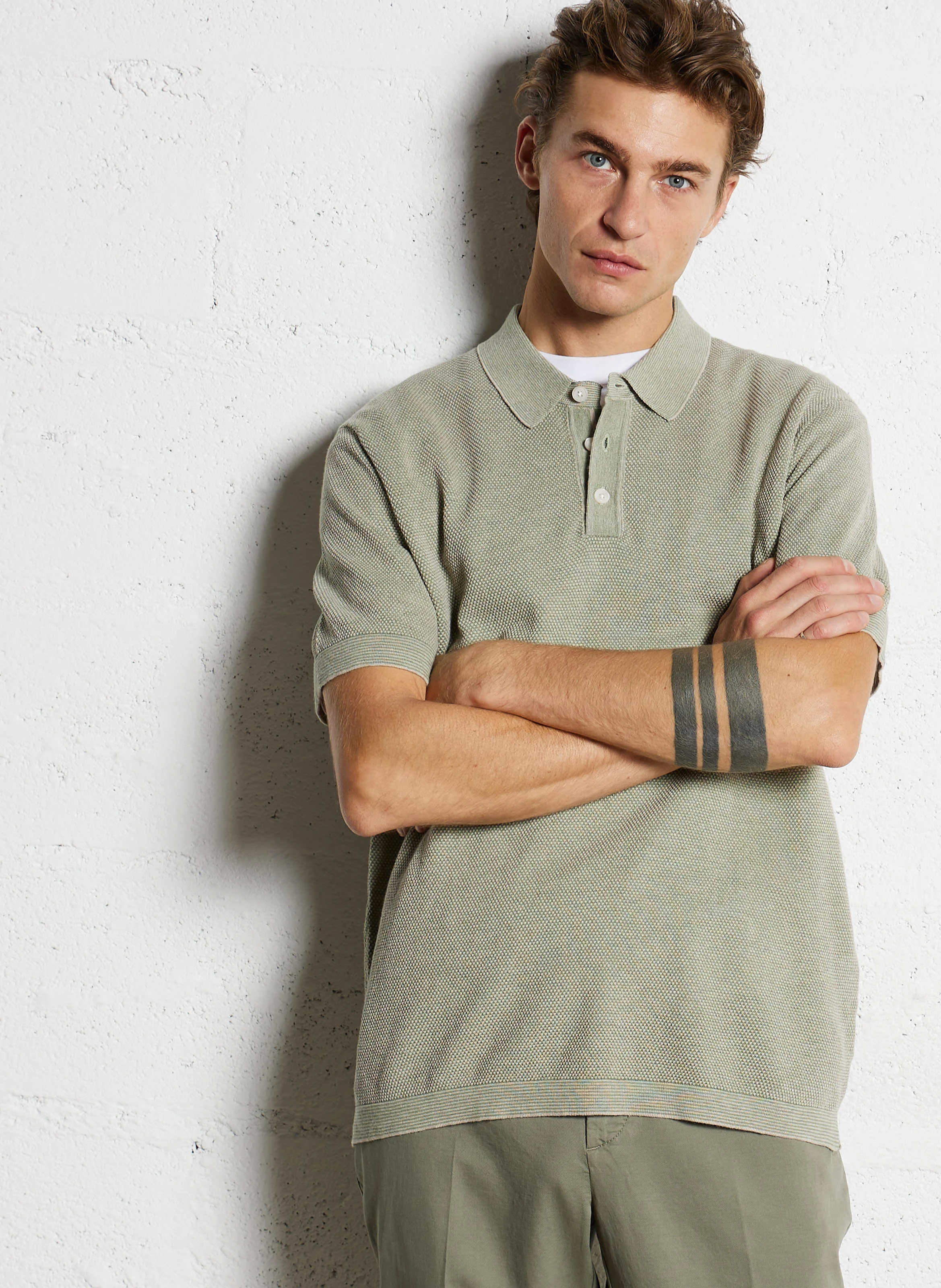 Polo texturé en coton et lin mélangés | Vert