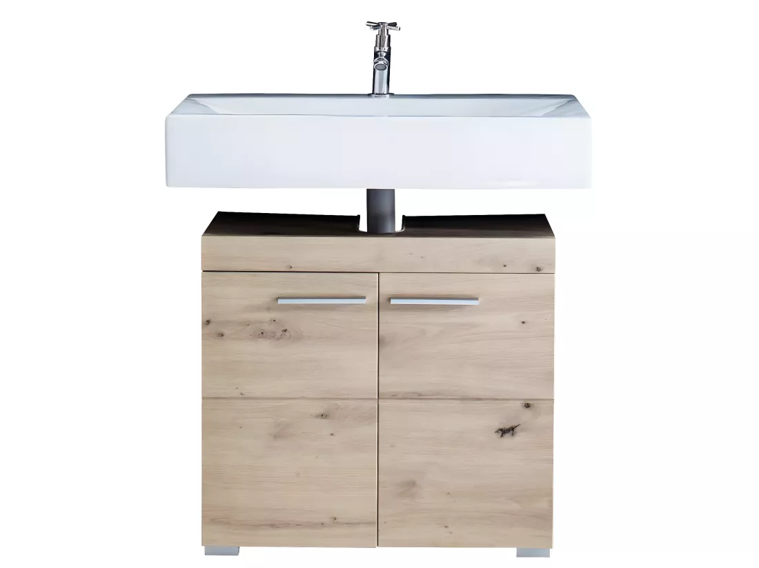 Meuble sous vasque mélaminé chêne. L-H-P : 60 - 56 - 34 cm