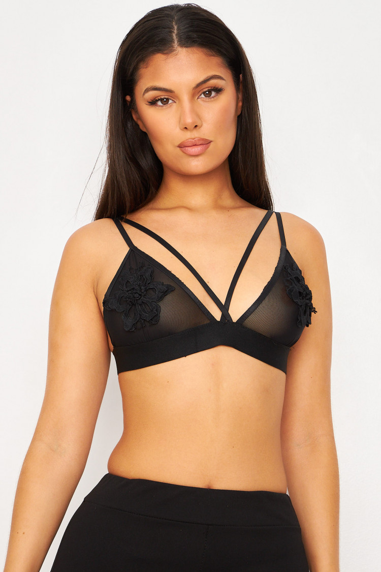 Soutien-gorge en dentelle noire avec fleur