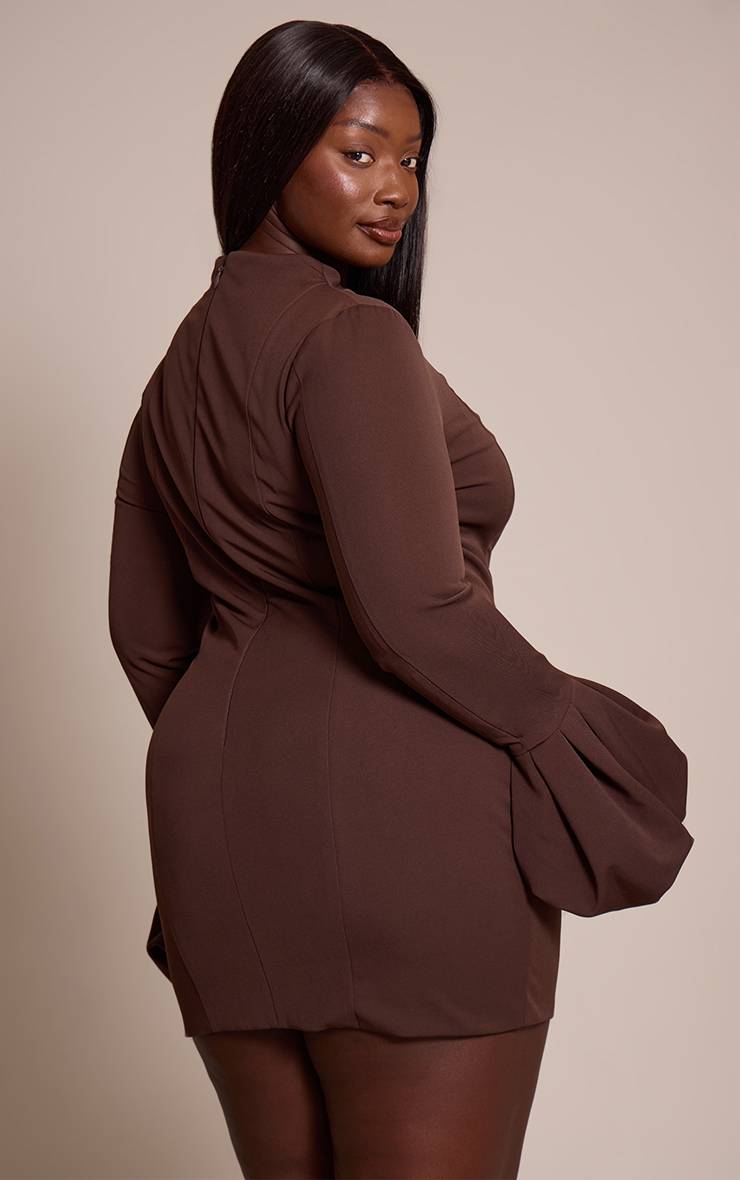 Chocolat Robe Moulante Grande Taille À Col Montant Et Manches Bouffantes