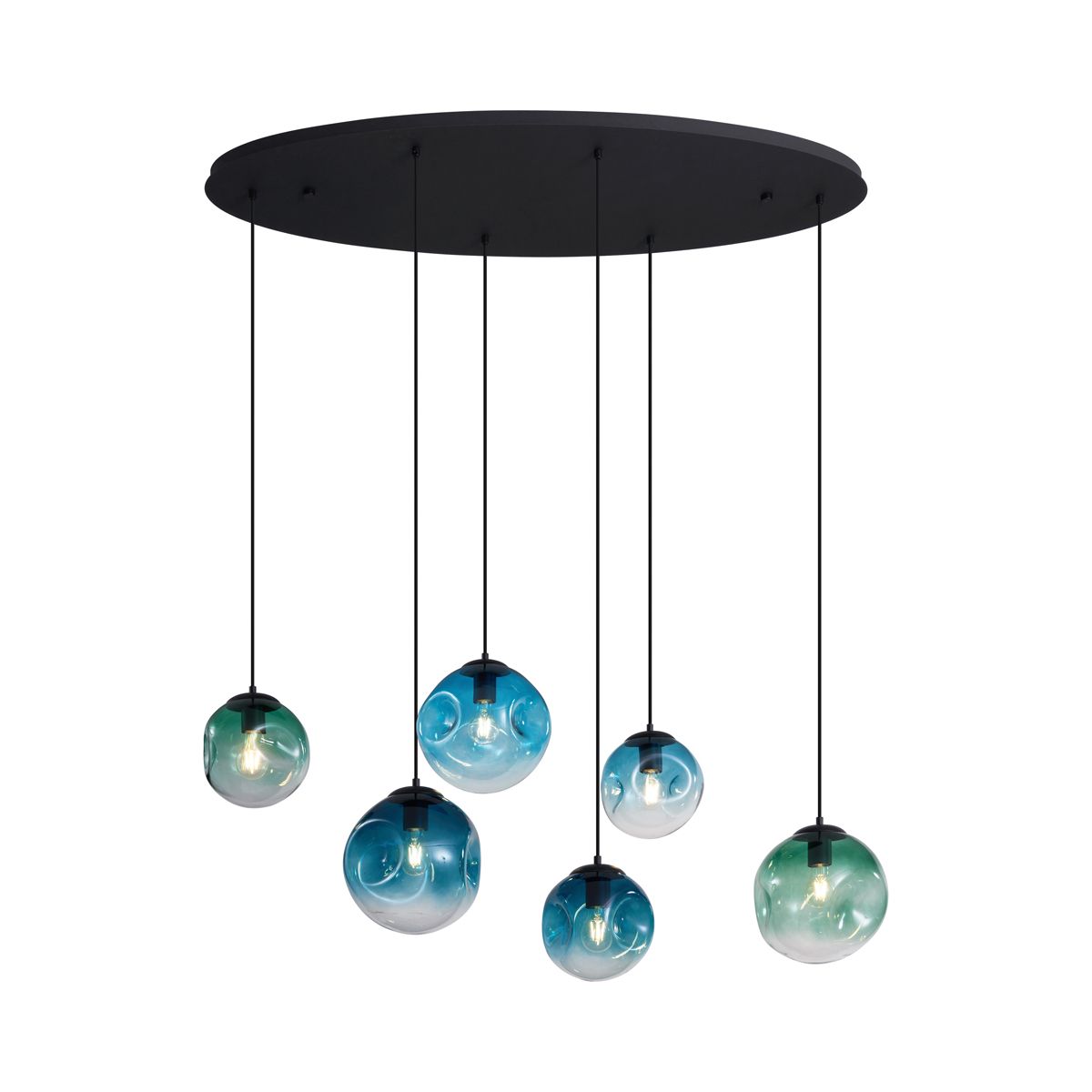 Art deco hanglamp zwart met ovale plafondplaat en groen en blauw glas 6-lichts - Douglass