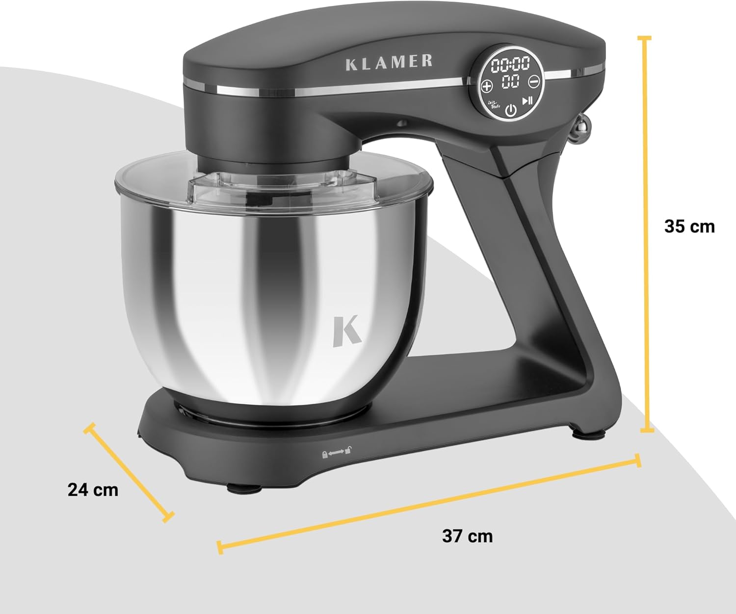 KLAMER Küchenmaschine 1800W, Knetmaschine Brotteig mit Edelstahl-Rührschüssel 6 L, 10 Stufen mit Timer, Planetenrührwerk, Rührbesen, Knethaken, Schneebesen & Sichtdeckel (grau)