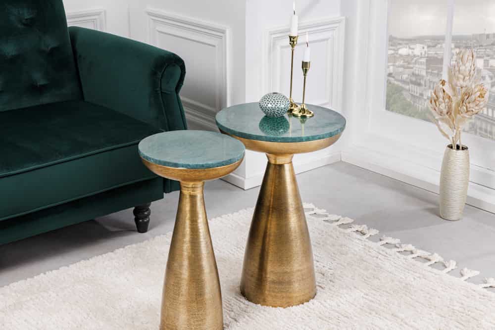 Handgearbeiteter Beistelltisch ELEMENTS 60cm gold grün Marmor rund