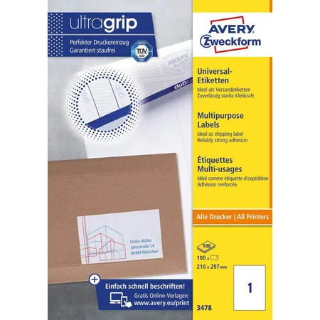 Avery Zweckform 3478 Universal-Etiketten,A4 mit ultragrip,210 x 297 mm, 100 Bogen/100 Etiketten, weiß