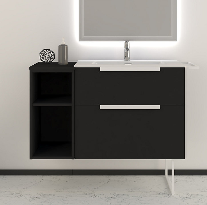 Meuble sous-vasque à suspendre Urban noir mat 60 cm + plan vasque en résine blanc + niche noir mat 30 cm