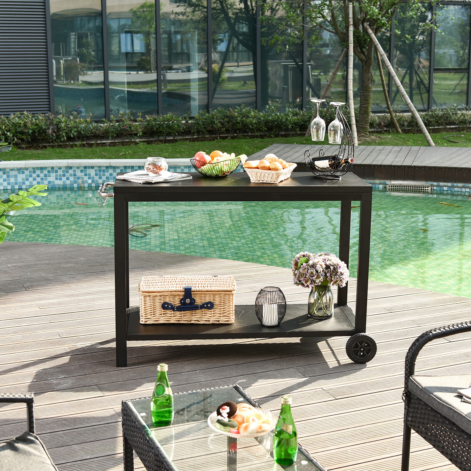 HOMCOM Beistelltisch auf Rollen schwarz 128 x 46,5 x 86,5 cm (BxTxH)