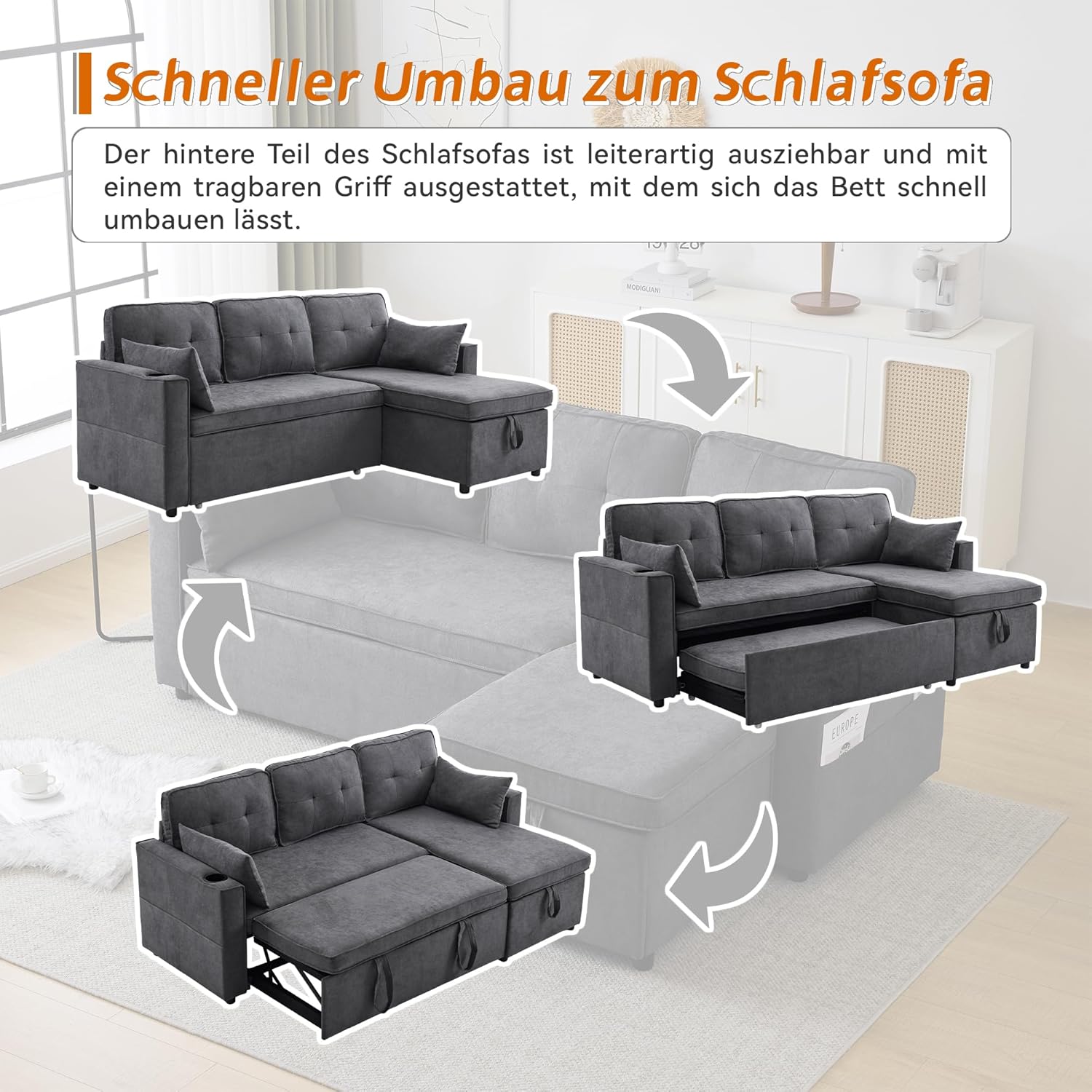 Bladez L-förmiges Schlafsofa mit Stauraum Getränkehalter austauschbare Chaise Longue Modernes Ecksofa Wohnzimmer Sofa Baumwoll-Leinen (Grau, 3 Sitzer)