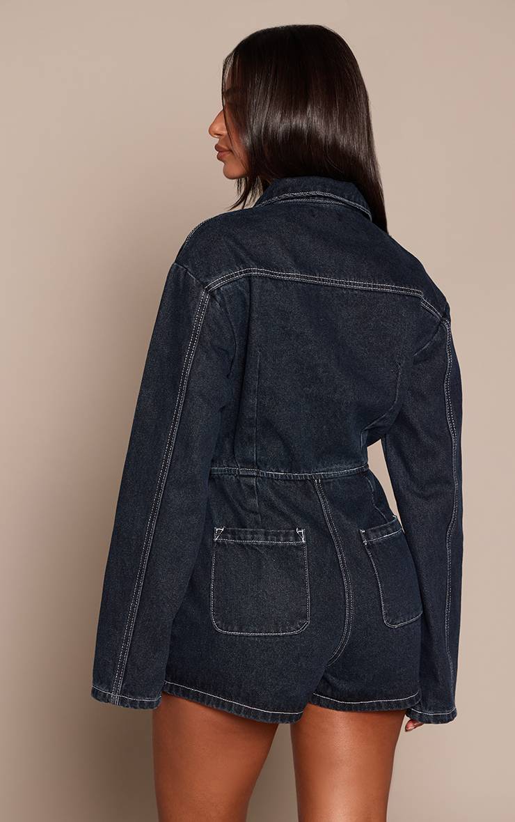 Bleu Indigo Combinaison-short Petite En Denim Brut Indigo À Manches Longues