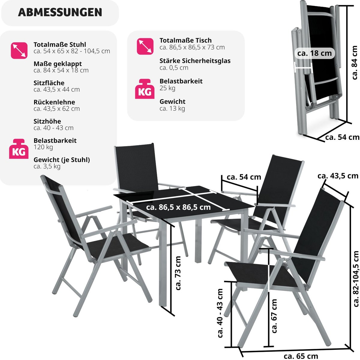 tectake Stabia zitgroep met aluminium frame, voor 4 personen, tafel met veiligheidsglasplaat en stelschroeven