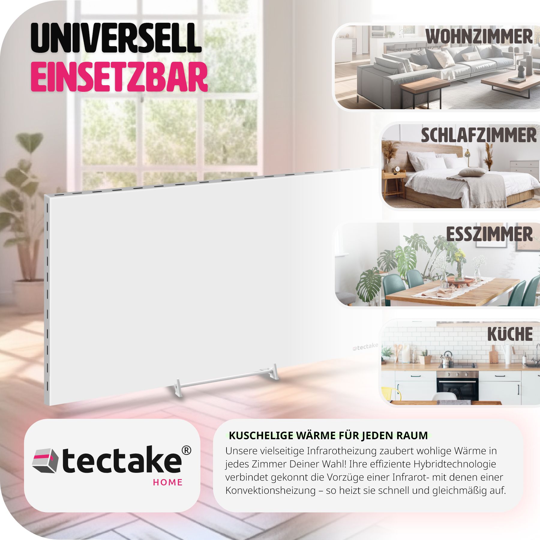 tectake® Hybrid Infrarotheizung, rahmenlos mit Thermostat, Überhitzungsschutz, einfache Wand- oder Deckenmontage, inklusive Ständer