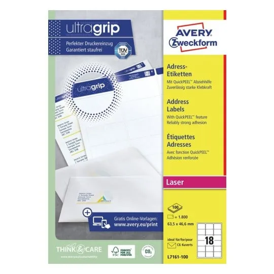 Etiketter Avery 63,5x46,6 mm hvid med QuickPEEL™ & Ultragrip - (100 ark x 18 stk.)