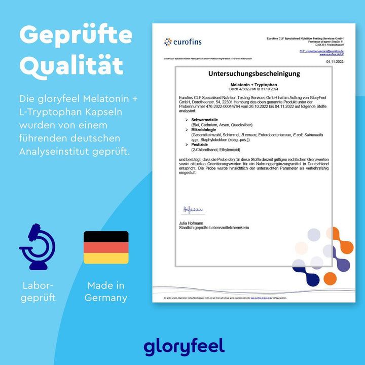 gloryfeel® Melatonin +  L-Tryptophan, Vitamin B6 & Magnesium Kapseln