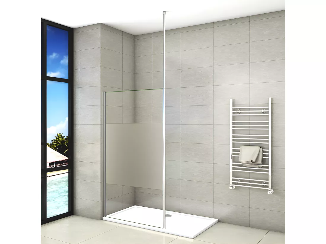 Paroi de douche à l'italienne 110x200cm avec barre de fixation au plafond 203-320cm, en 8mm verre bande centrale dépolie