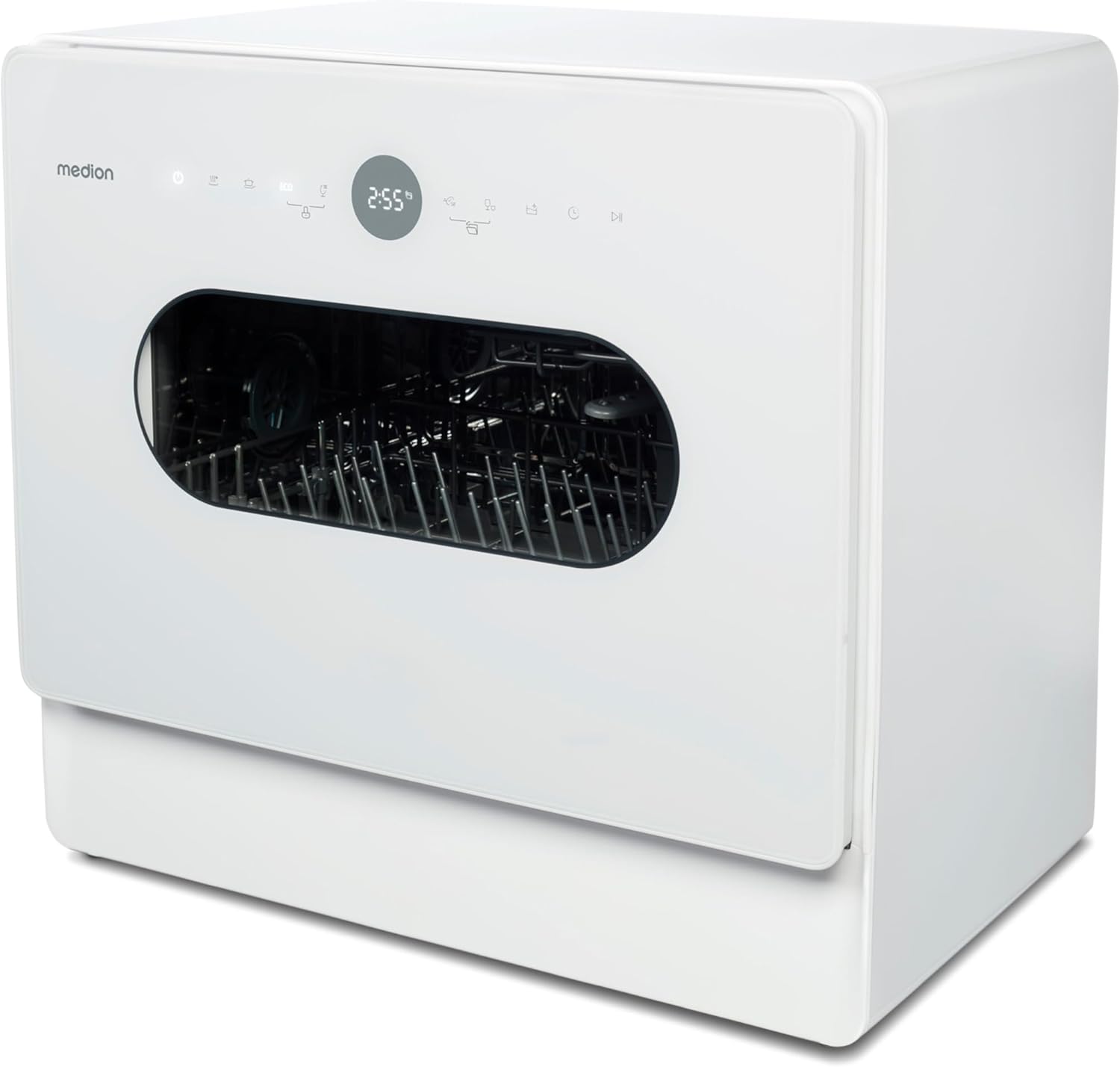 MEDION Mini Geschirrspüler DWT51 (Tischgeschirrspüler mit Touch-Bedienfeld, Eimer-Funktion, 5 Maßgedecke, funktioniert mit/ohne Wasseranschluss, 7 Reinigungsprogramme, Startzeitvorwahl, MD 37766) weiß