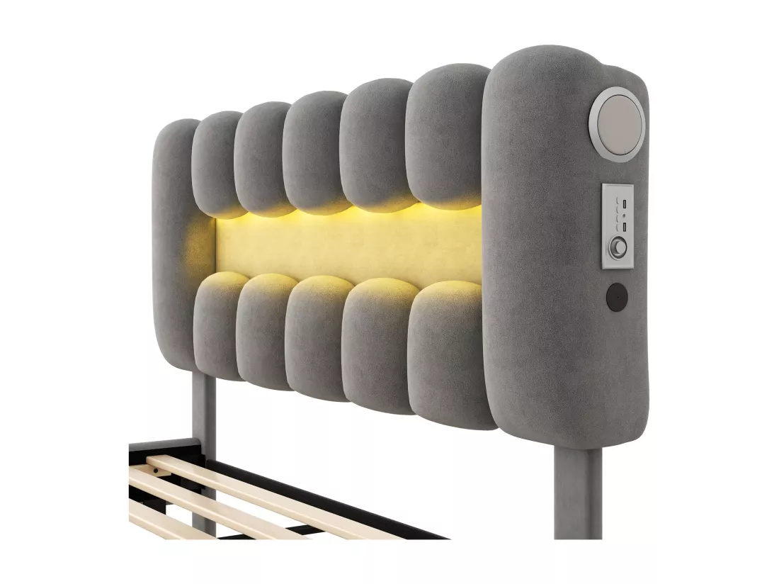 Lit rembourré en velours - 160x200cm - 4 tiroirs + LED + Ports de recharge + Lecteur - Gris