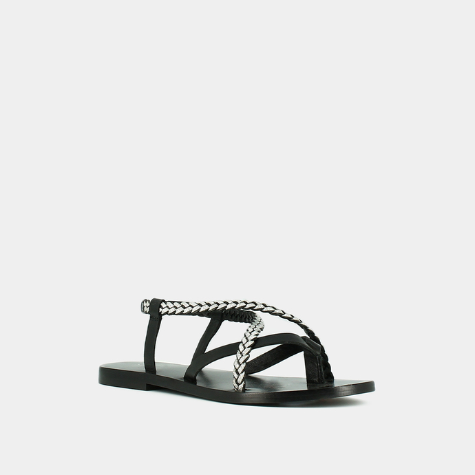 Sandales à brides tressées  en cuir noir et argent