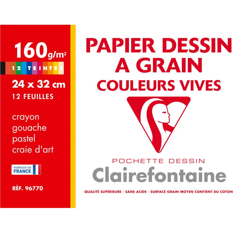 Pochette 12 feuilles papier dessin couleurs vives 24 x 32 cm Clairefontaine à grain 160 g