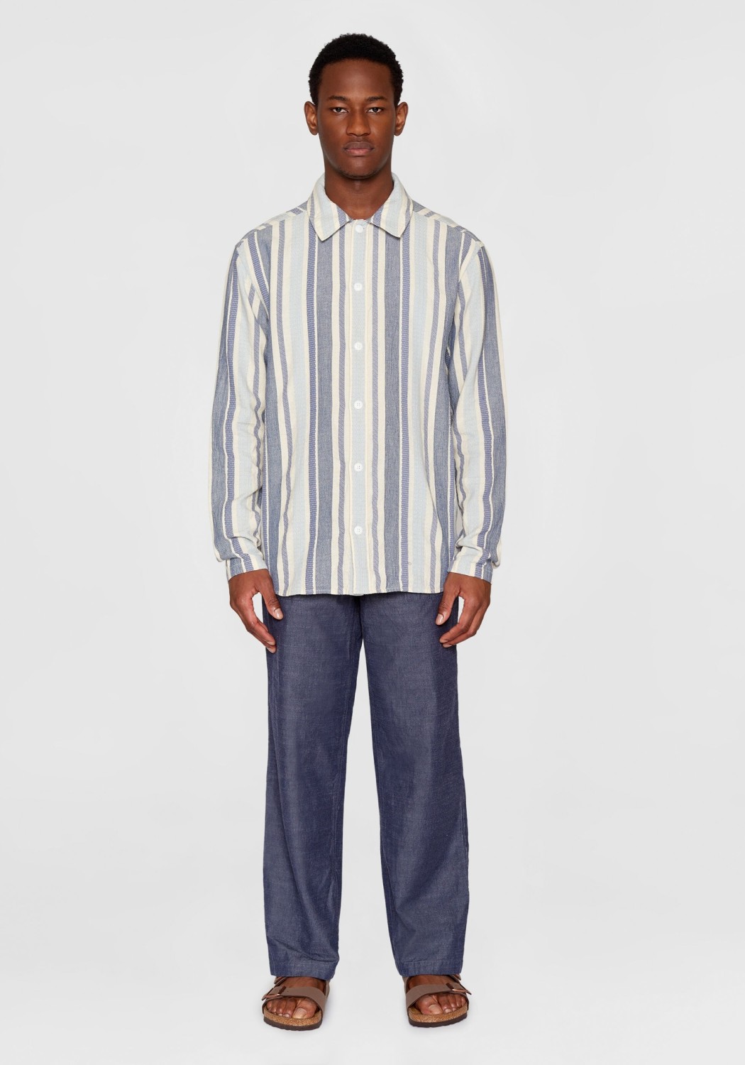 Knowledge Cotton Apparel Hemd Loose Jacquard Woven Striped Shirt Blue Stripe