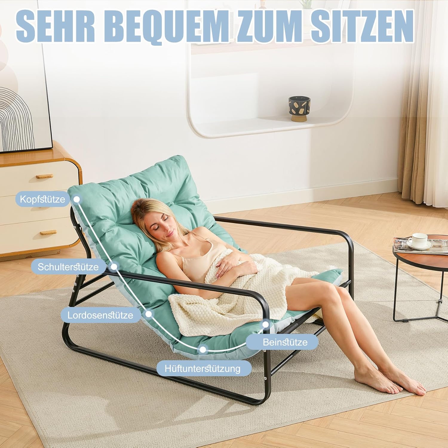 Sessel wohnzimmer Loungesessel Gartenliege mit Wendekissen Garten Liegestuhl Balkon möbel aus Stahl gepolsterter Stuhl für 2 Personen Gartensessel outdoor Relaxliege Balkon Garten Terrasse (Blau+Grau)