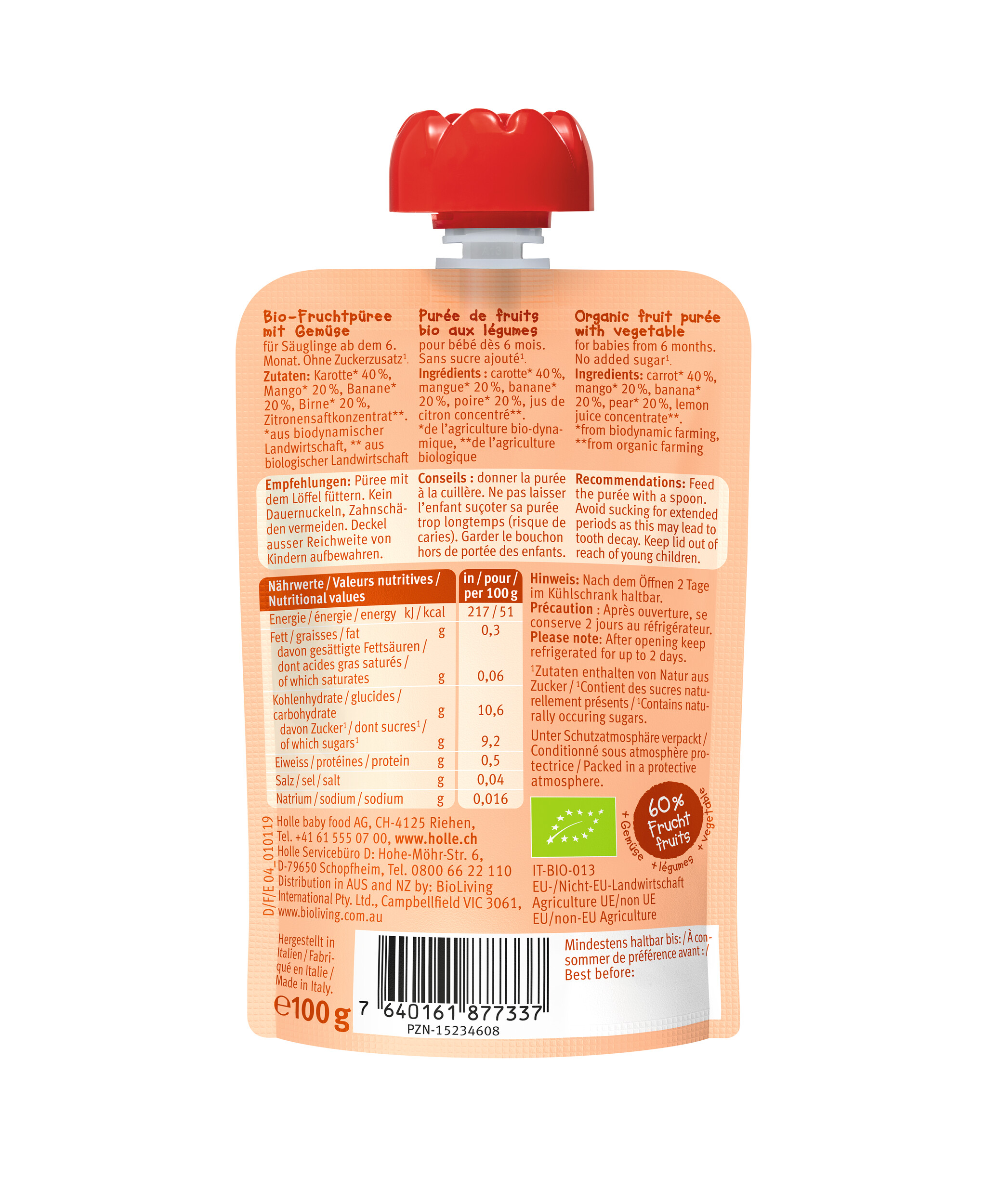 HOLLE Carrot Cat - Pouchy Karotte Mango Banane & Birne 100 g