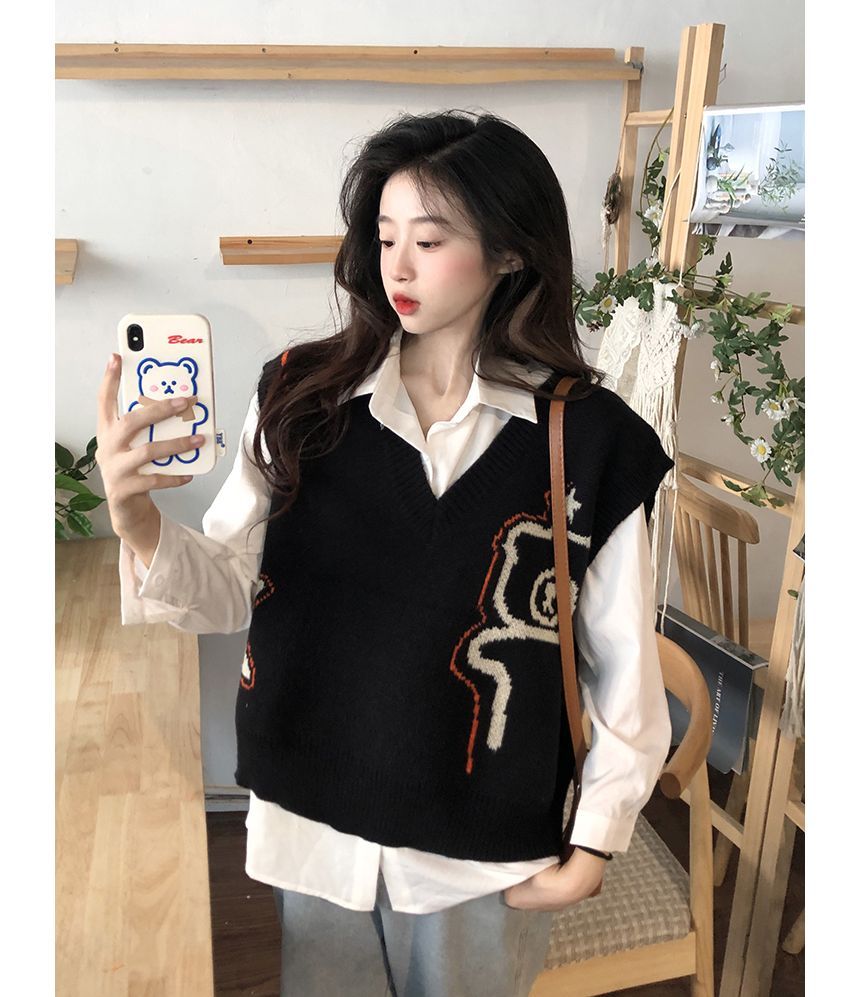 Shinsei - V-hals beren jacquard trui vest / lange mouwen effen shirt