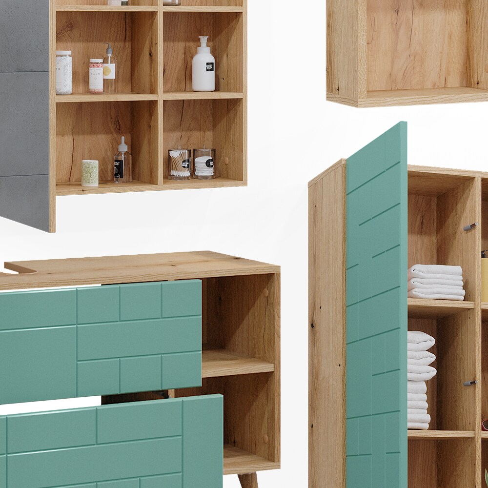 Vicco Badmöbel-Set Rudi in Eiche Evoke Mintgrün, Badezimmer, moderne Badserie Waschbeckenunterschrank Spiegelschrank Hochschrank Wandregal