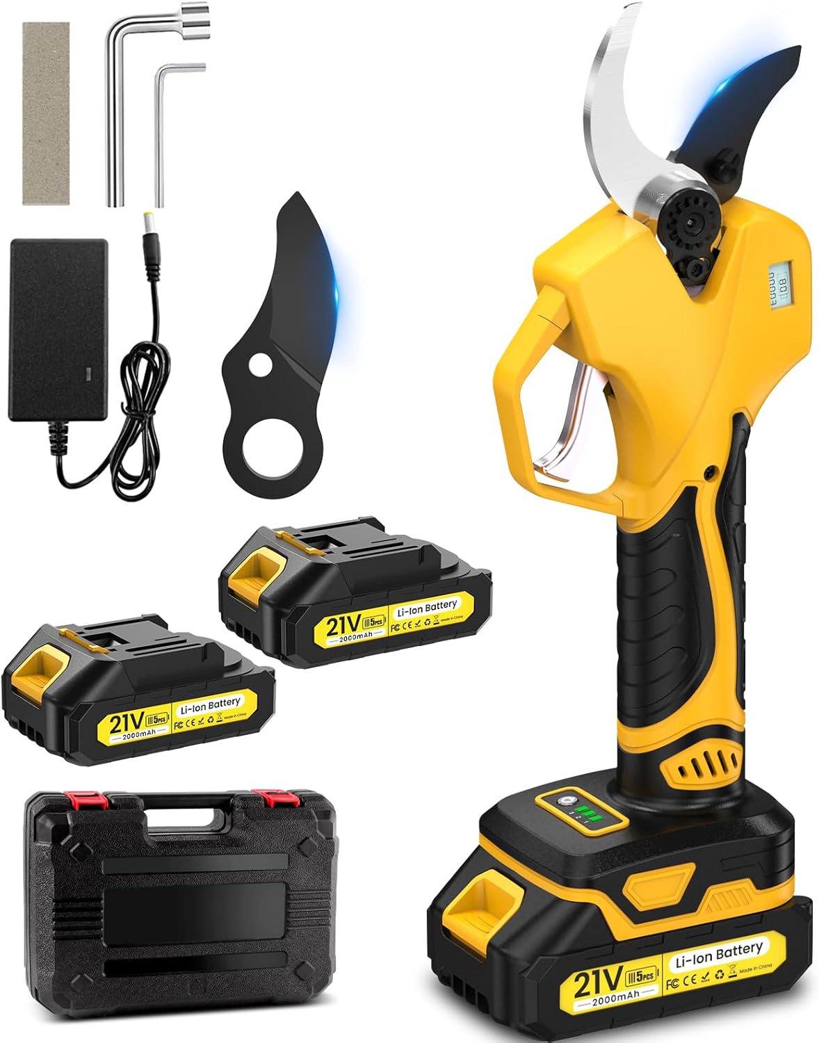 Akku Astschere, 50MM Astschere Akku, Mit Bildschirm, bürstenlosem 1000-W-Motor, 2 2000-mAh-Akkus, 2 SK7-Klingen, 1000 Schnitte pro Ladung, geeignet für Obstgärten und Bauernhöfe
