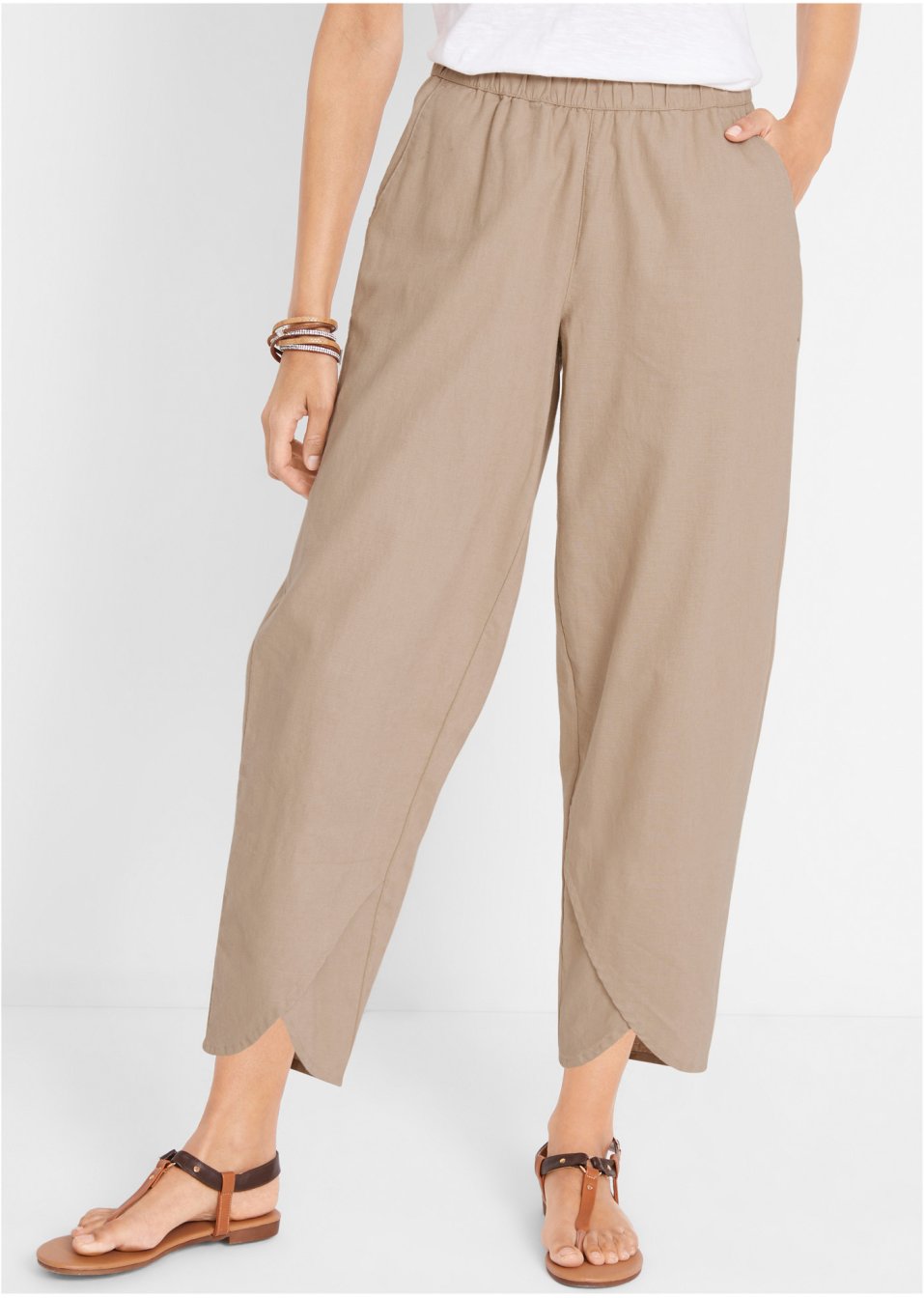 Pantalon en lin majoritaire, longueur cheville et taille confortable, Loose Fit