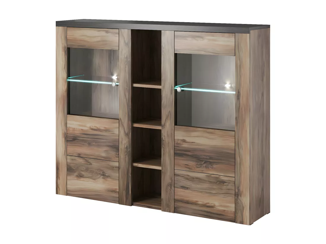 Vaisselier design 2 portes pour salon couleur noyer et noir effet bois. collection SANTIAGO.