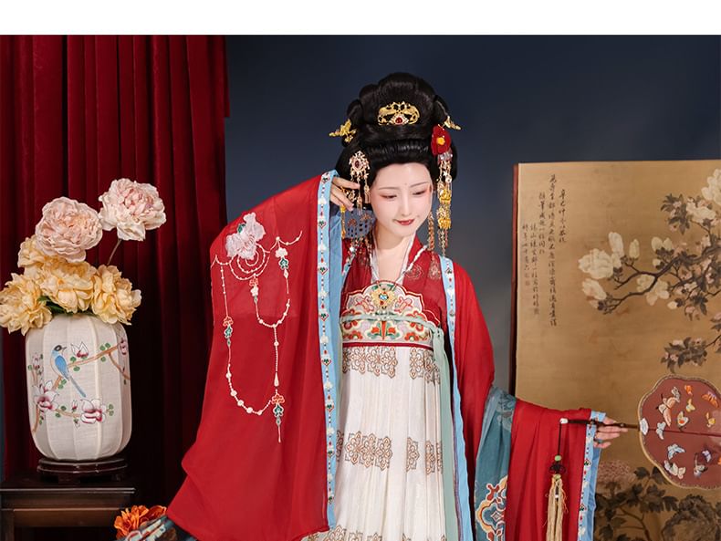 Francoix - Bloemen Hanfu Jas / Wikkeltop / Maxi Jurk / Set