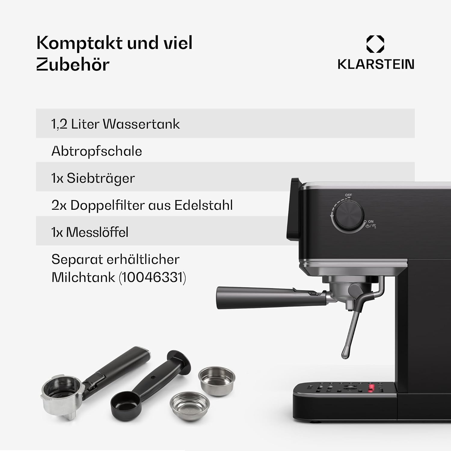 Klarstein SteelPresso Touch Slim Siebträgermaschine – 20 Bar, 1350W, 1,2L Wassertank, Dampfdüse, Edelstahlgehäuse, Kompakt, Schwarz
