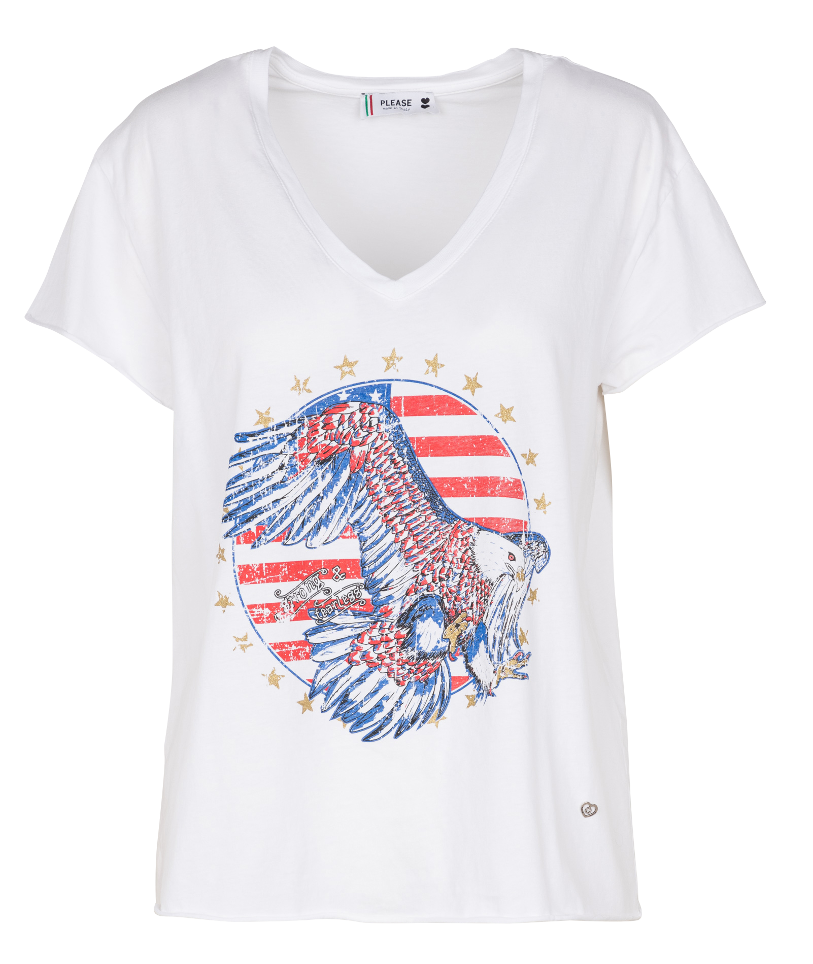 Tee-shirt col V droit en coton sérigraphié | Blanc