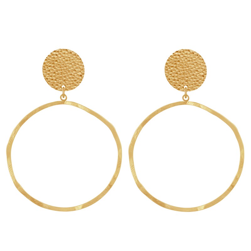 Boucles d'Oreilles Clip Laiton Mat Pastille Martelée et Anneau Vague