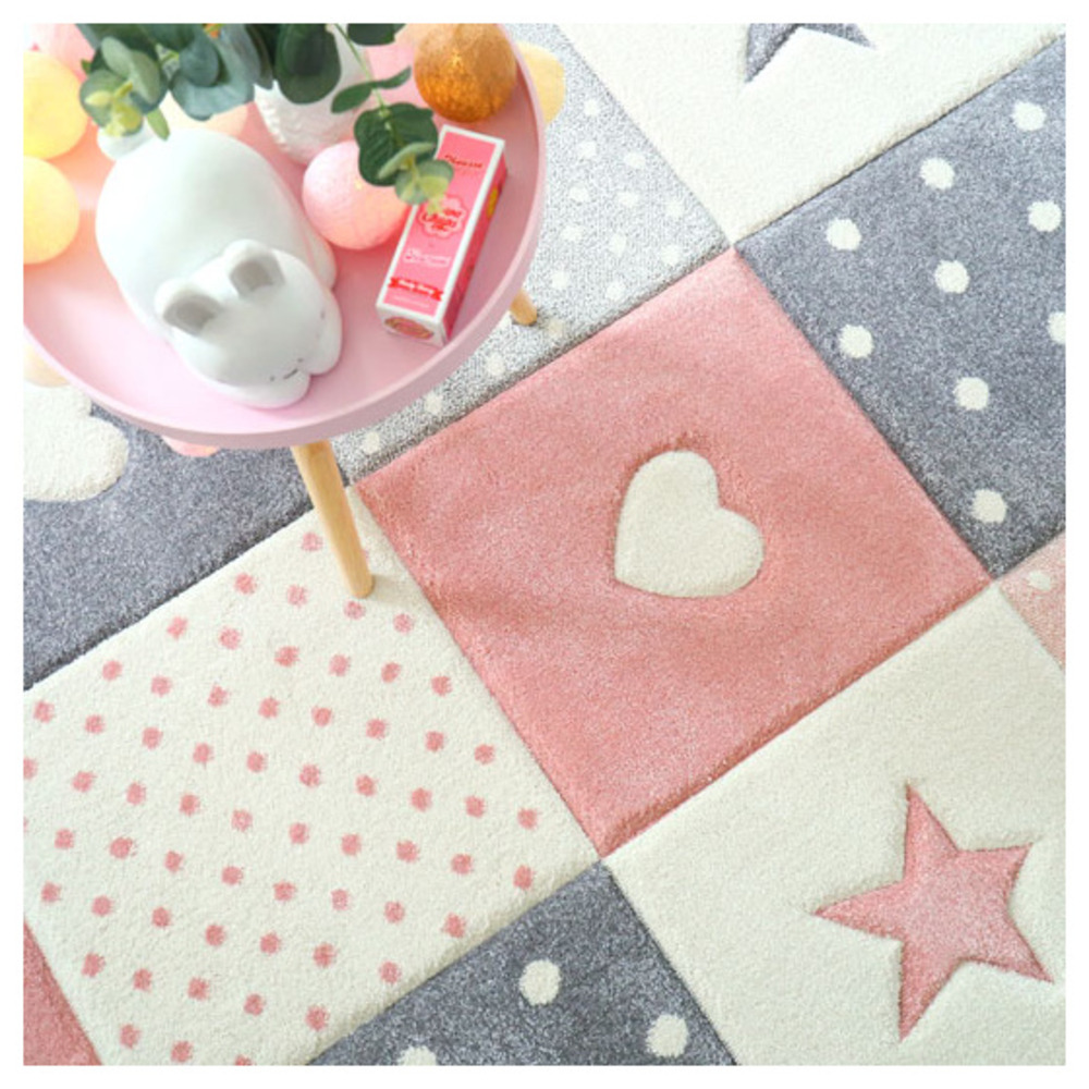 Tapis enfant fille - étoile et cœur - rose pastel gris crème - 160 x 230 cm